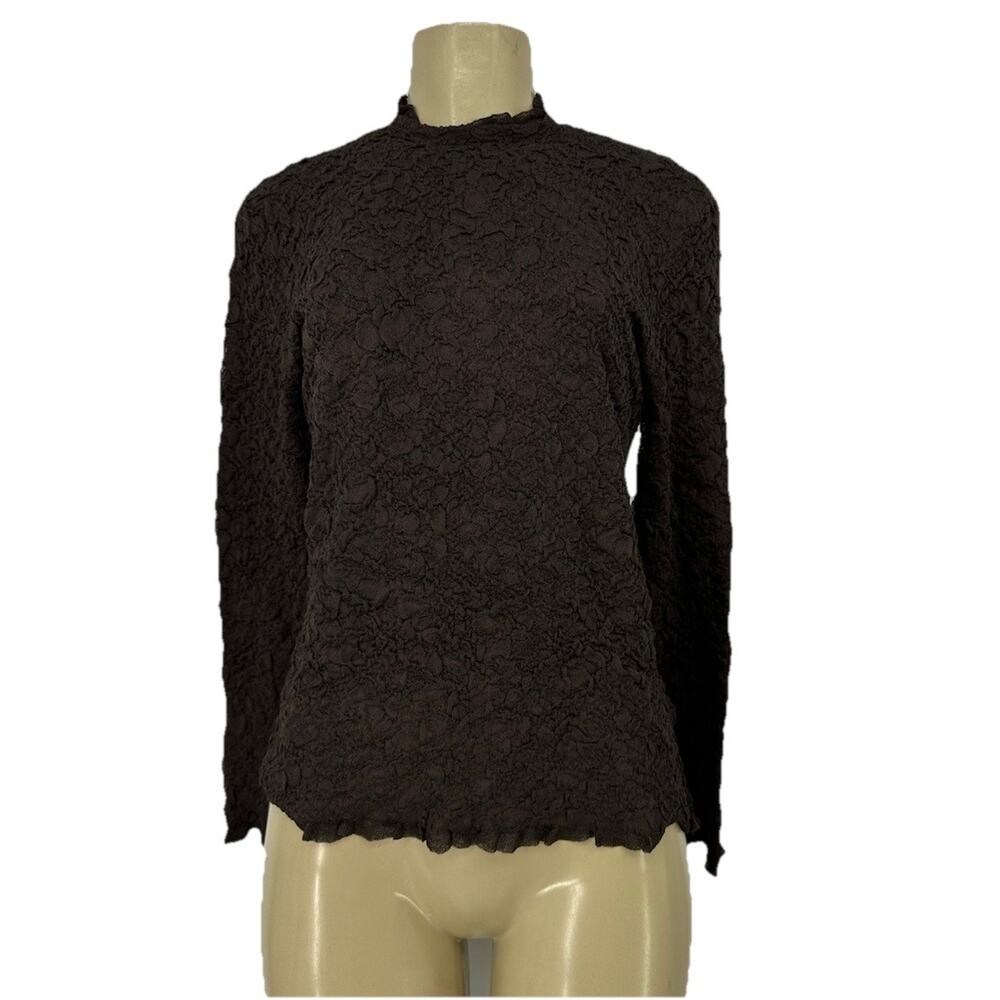 Zara Medium Women Brown Stretchy Gathered Lace High Neck T-shirt Long Sleeve T36